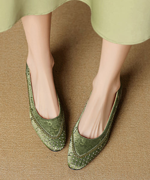 Green Splicing Vintage Cowhide Chunky Leather Breathable Shoes FashionChic