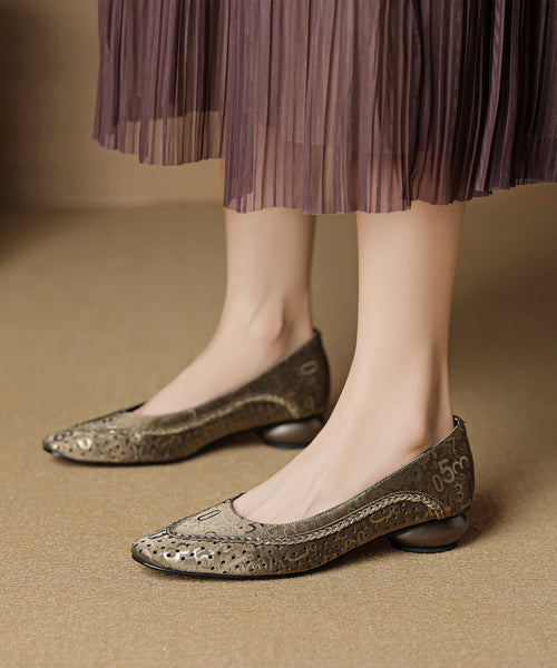 Green Splicing Vintage Cowhide Chunky Leather Breathable Shoes FashionChic