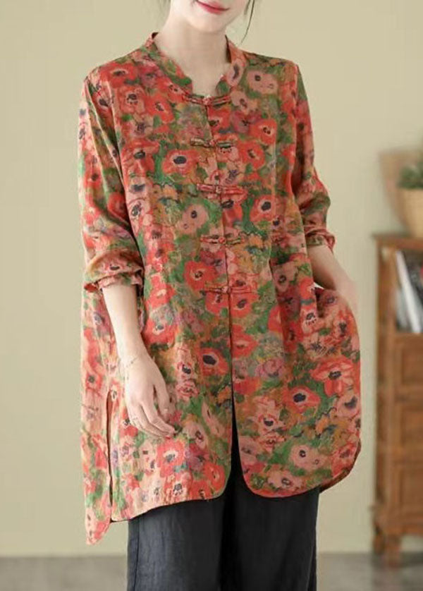 Vintage Stand Collar Chinese Button Print Linen Shirts Coat Long Sleeve AP087 GK-CTS240718