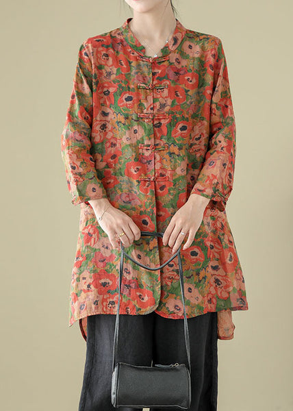 Vintage Stand Collar Chinese Button Print Linen Shirts Coat Long Sleeve AP087 GK-CTS240718