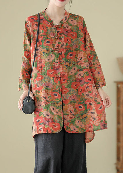 Vintage Stand Collar Chinese Button Print Linen Shirts Coat Long Sleeve AP087 GK-CTS240718