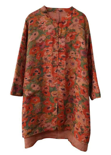 Vintage Stand Collar Chinese Button Print Linen Shirts Coat Long Sleeve AP087 GK-CTS240718