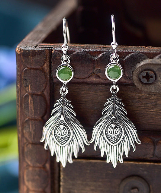 Vintage Sterling Silver Jade Feather Drop Earrings PO073 JEW-EAR240729