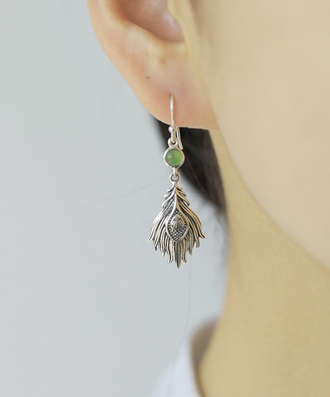 Vintage Sterling Silver Jade Feather Drop Earrings PO073 JEW-EAR240729