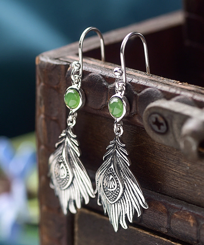 Vintage Sterling Silver Jade Feather Drop Earrings PO073 JEW-EAR240729