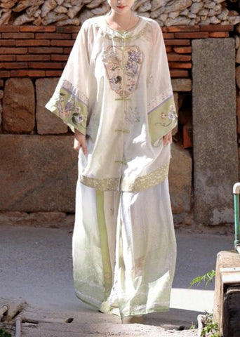 Vintage White Embroidered Patchwork Shirts Wide Leg Pants And Two Pieces Set Spring UU1052 SH-LF-TPIEC240526