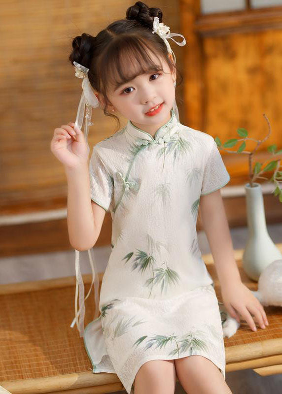 Long Side Girls Print Short Dress Open Vintage Sleeve White FashionChic
