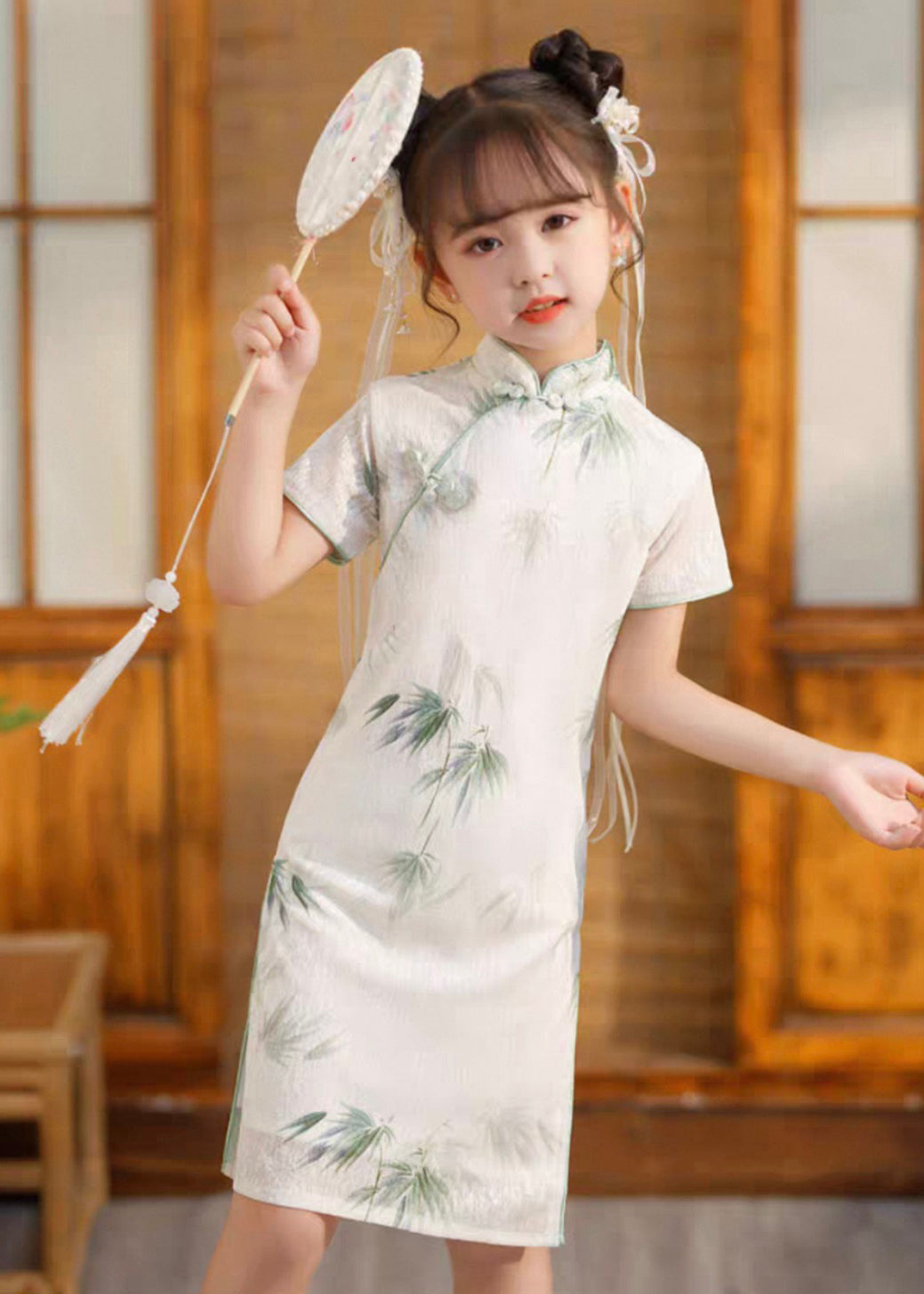 Long Side Girls Print Short Dress Open Vintage Sleeve White FashionChic