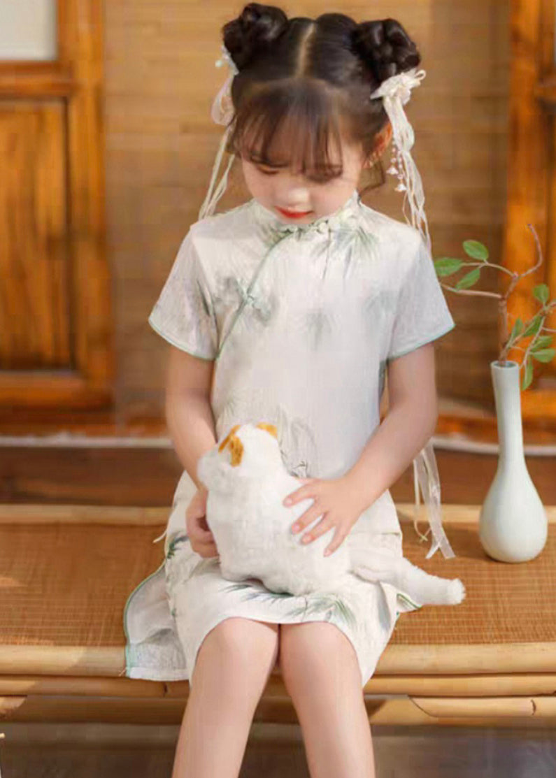 Long Side Girls Print Short Dress Open Vintage Sleeve White FashionChic