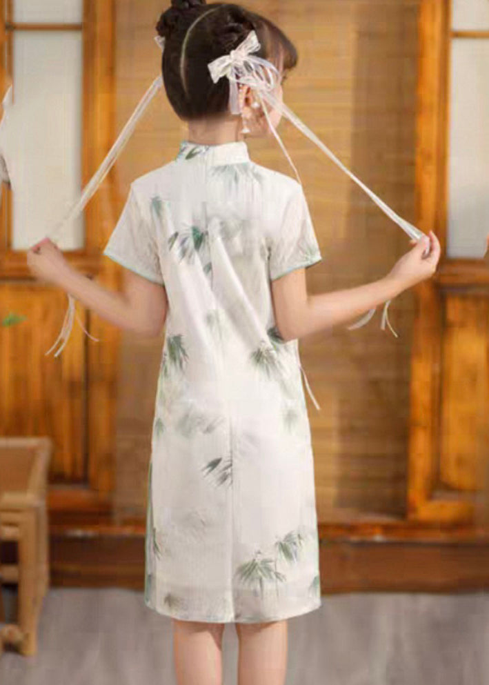 Long Side Girls Print Short Dress Open Vintage Sleeve White FashionChic