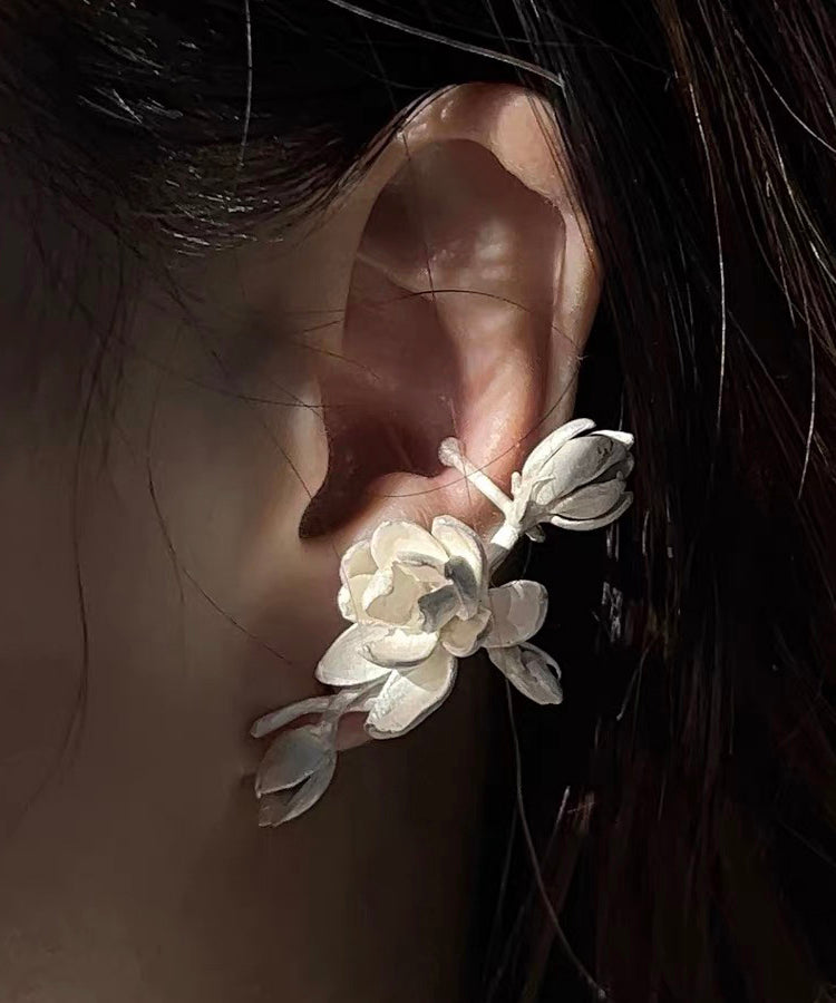 Vintage White Sterling Silver Burn White Jasmine Flower Stud Earrings QQ070 JEW-EAR240811