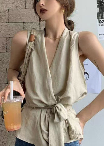 Waist Vintage Sleeveless White Linen Tie Vests FashionChic
