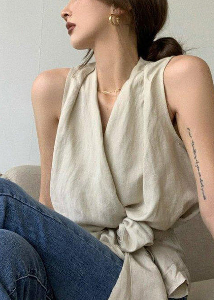 Waist Vintage Sleeveless White Linen Tie Vests FashionChic
