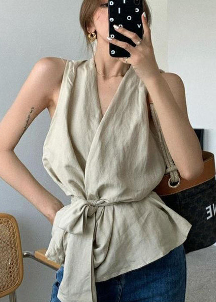 Waist Vintage Sleeveless White Linen Tie Vests FashionChic