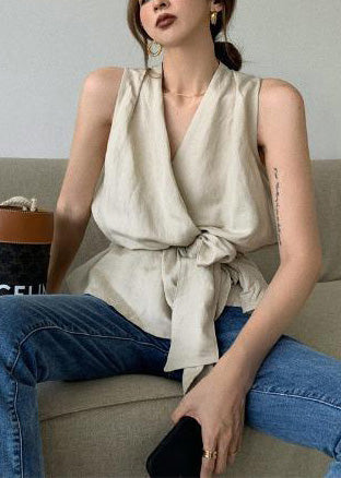 Waist Vintage Sleeveless White Linen Tie Vests FashionChic