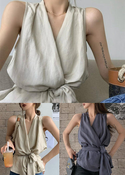 Waist Vintage Sleeveless White Linen Tie Vests FashionChic