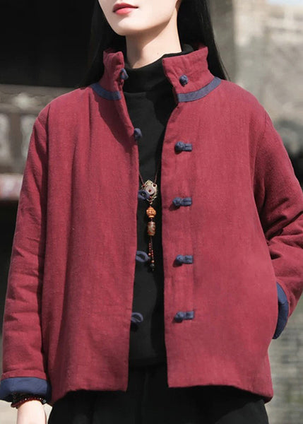 Vintage Wine Red Stand Collar Button Cotton Filled Parkaer Winter QO001 MZF-DJK241008