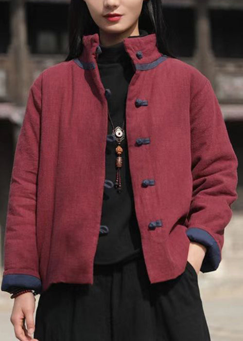 Vintage Wine Red Stand Collar Button Cotton Filled Parkaer Winter QO001 MZF-DJK241008