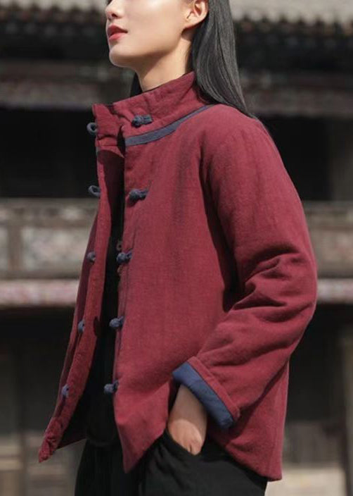 Vintage Wine Red Stand Collar Button Cotton Filled Parkaer Winter QO001 MZF-DJK241008