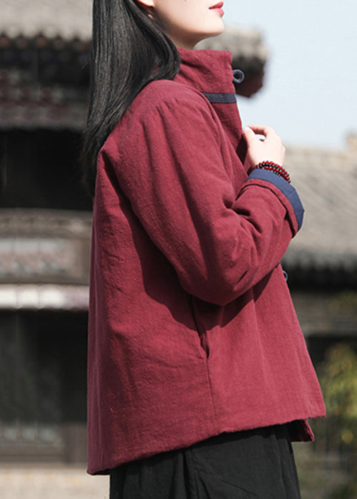 Vintage Wine Red Stand Collar Button Cotton Filled Parkaer Winter QO001 MZF-DJK241008