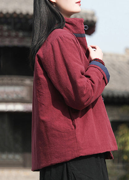 Vintage Wine Red Stand Collar Button Cotton Filled Parkaer Winter QO001 MZF-DJK241008