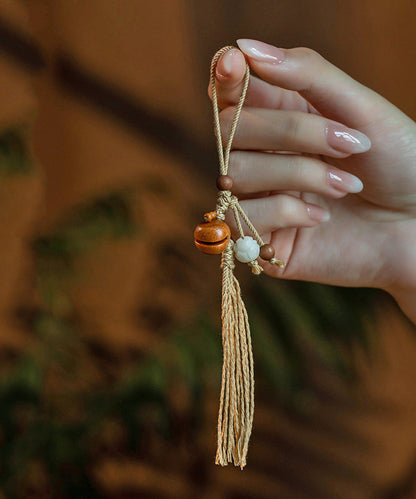 Vintage Yellow Hand Woven Peach Wood Olivary Nucleus Tassel Keychains ZZ013 JEW-KEN240613