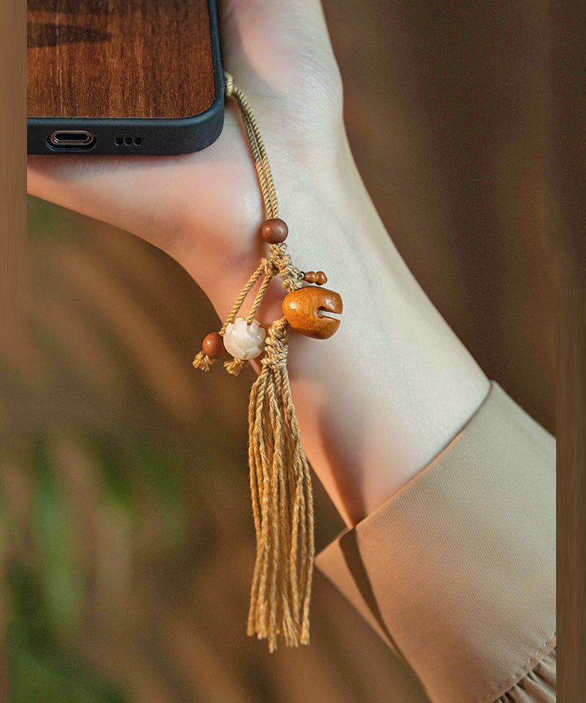 Vintage Yellow Hand Woven Peach Wood Olivary Nucleus Tassel Keychains ZZ013 JEW-KEN240613