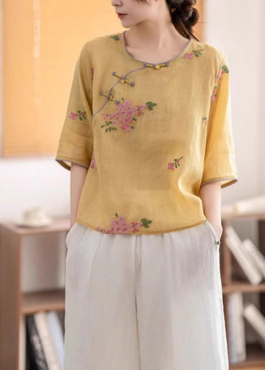 O Oriental Neck Linen Button Shirt Summer Vintage Yellow FashionChic