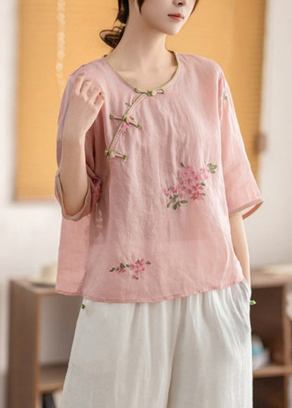 O Oriental Neck Linen Button Shirt Summer Vintage Yellow FashionChic