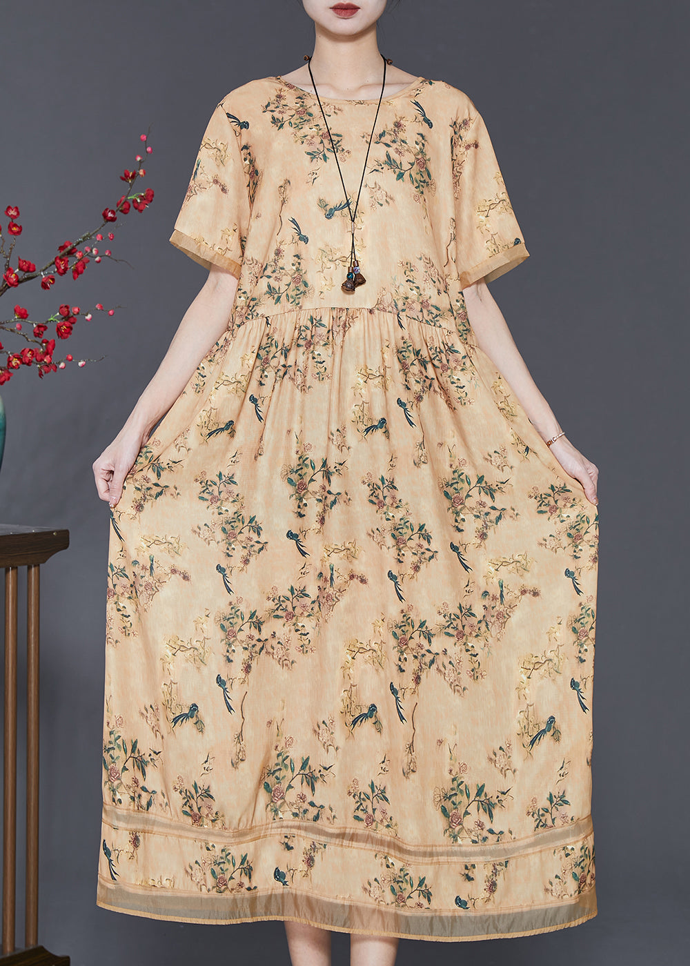 Vintage Yellow Print Exra Large Hem Silk Dresses Summer SD1053 Ada Fashion