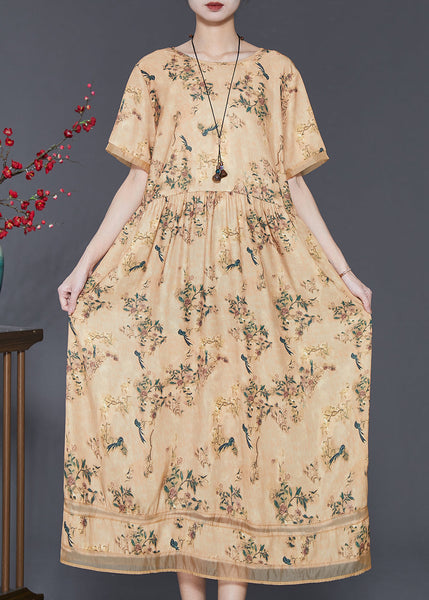 Vintage Yellow Print Exra Large Hem Silk Dresses Summer SD1053 Ada Fashion