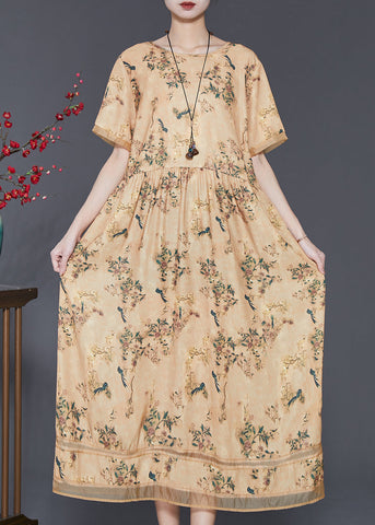 Vintage Yellow Print Exra Large Hem Silk Dresses Summer SD1053 Ada Fashion