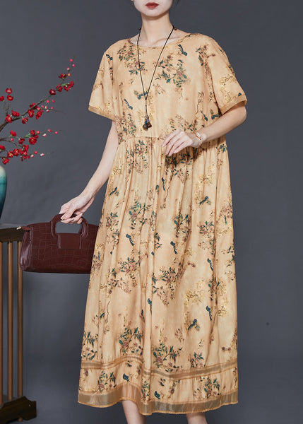 Vintage Yellow Print Exra Large Hem Silk Dresses Summer SD1053 Ada Fashion