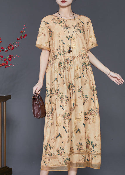 Vintage Yellow Print Exra Large Hem Silk Dresses Summer SD1053 Ada Fashion