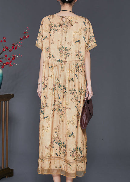Vintage Yellow Print Exra Large Hem Silk Dresses Summer SD1053 Ada Fashion