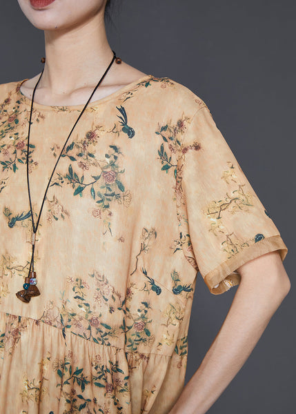 Vintage Yellow Print Exra Large Hem Silk Dresses Summer SD1053 Ada Fashion