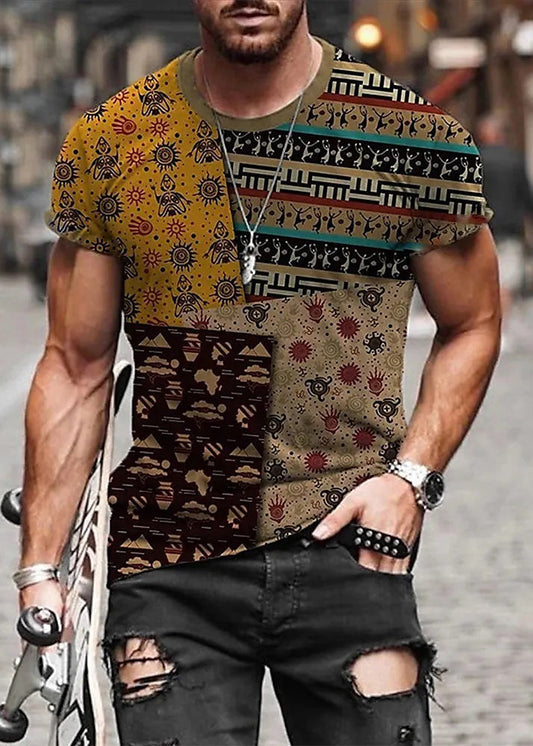 Cotton Patchwork Yellow Summer Mens Vintage Print T Shirts FashionChic