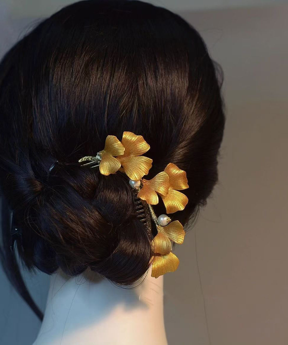 Vintage Yellow Sterling Silver Overgild Ginkgo Leaf Hairpin RA020 ABC