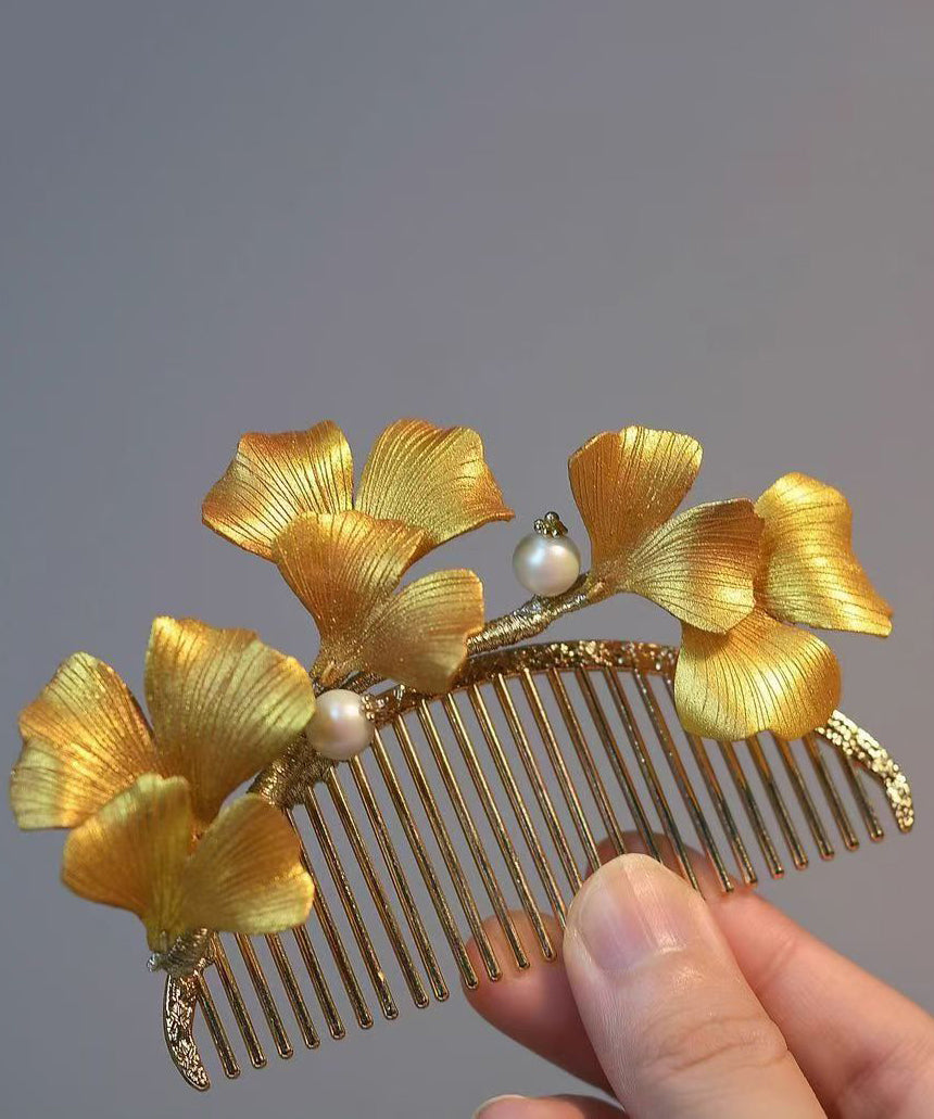 Vintage Yellow Sterling Silver Overgild Ginkgo Leaf Hairpin RA020 ABC