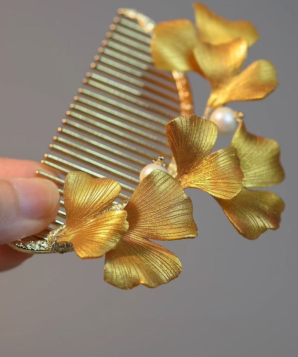 Vintage Yellow Sterling Silver Overgild Ginkgo Leaf Hairpin RA020 ABC