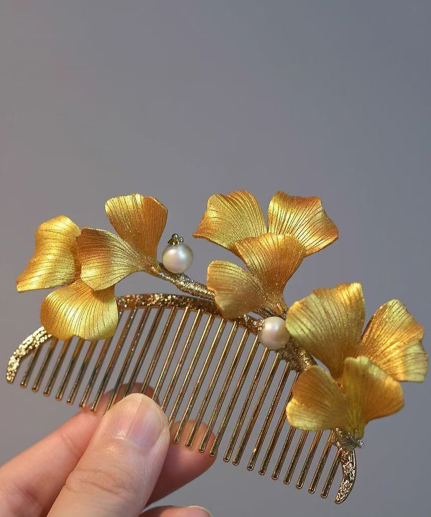 Vintage Yellow Sterling Silver Overgild Ginkgo Leaf Hairpin RA020 ABC