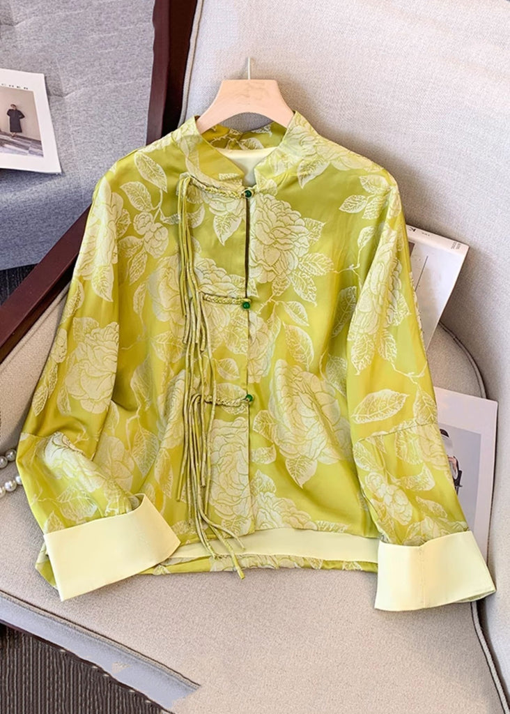 Vintage Yellow Tasseled Button Print Silk Coat Fall QO023 MZF-CTS241008