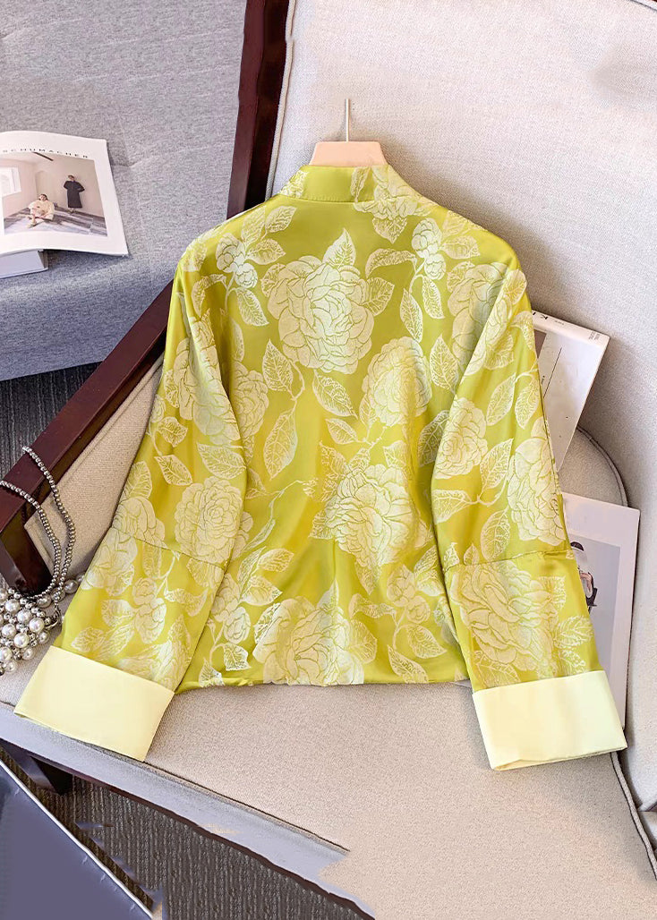 Vintage Yellow Tasseled Button Print Silk Coat Fall QO023 MZF-CTS241008