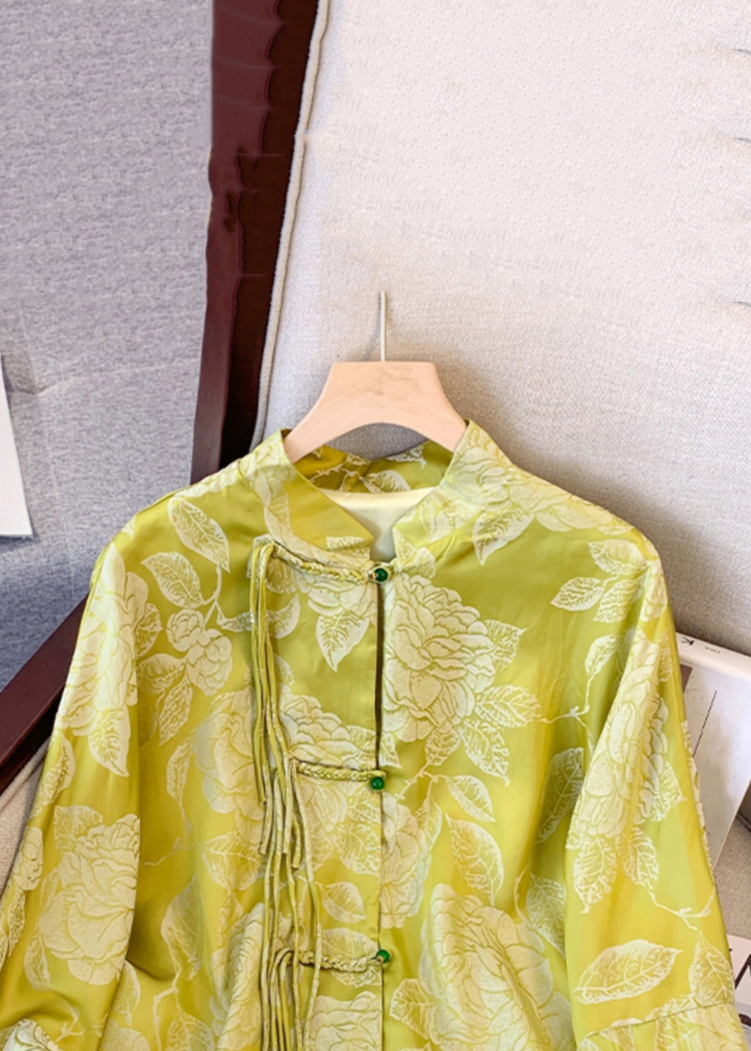 Vintage Yellow Tasseled Button Print Silk Coat Fall QO023 MZF-CTS241008