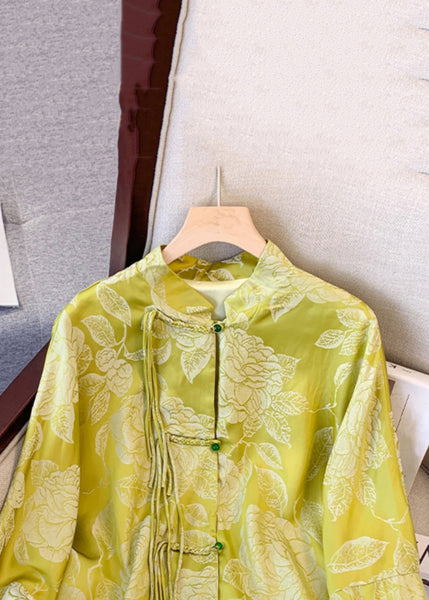 Vintage Yellow Tasseled Button Print Silk Coat Fall QO023 MZF-CTS241008
