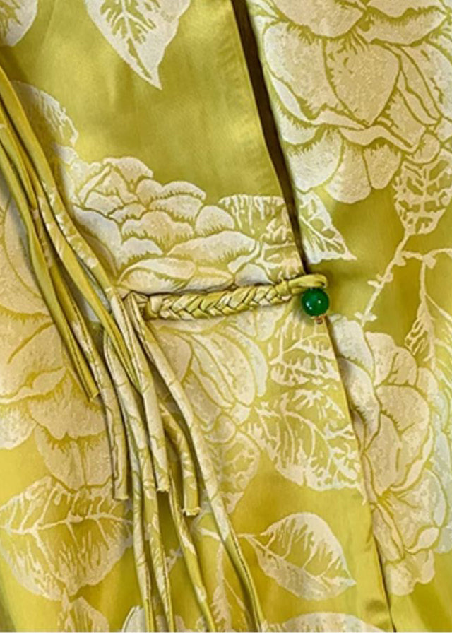 Vintage Yellow Tasseled Button Print Silk Coat Fall QO023 MZF-CTS241008