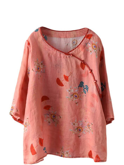 Plus Size Vintage Floral O-neck Women Ramie Shirt TY1049 Ada Fashion