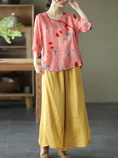 Plus Size Vintage Floral O-neck Women Ramie Shirt TY1049 Ada Fashion