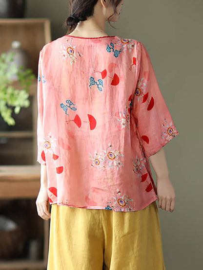 Plus Size Vintage Floral O-neck Women Ramie Shirt TY1049 Ada Fashion