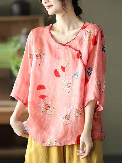 Plus Size Vintage Floral O-neck Women Ramie Shirt TY1049 Ada Fashion